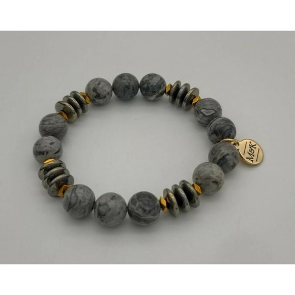 Lace Jasper Bracelet Grounding Stone Stretchy Signed Market & King 1406 - Picture 1 of 5
